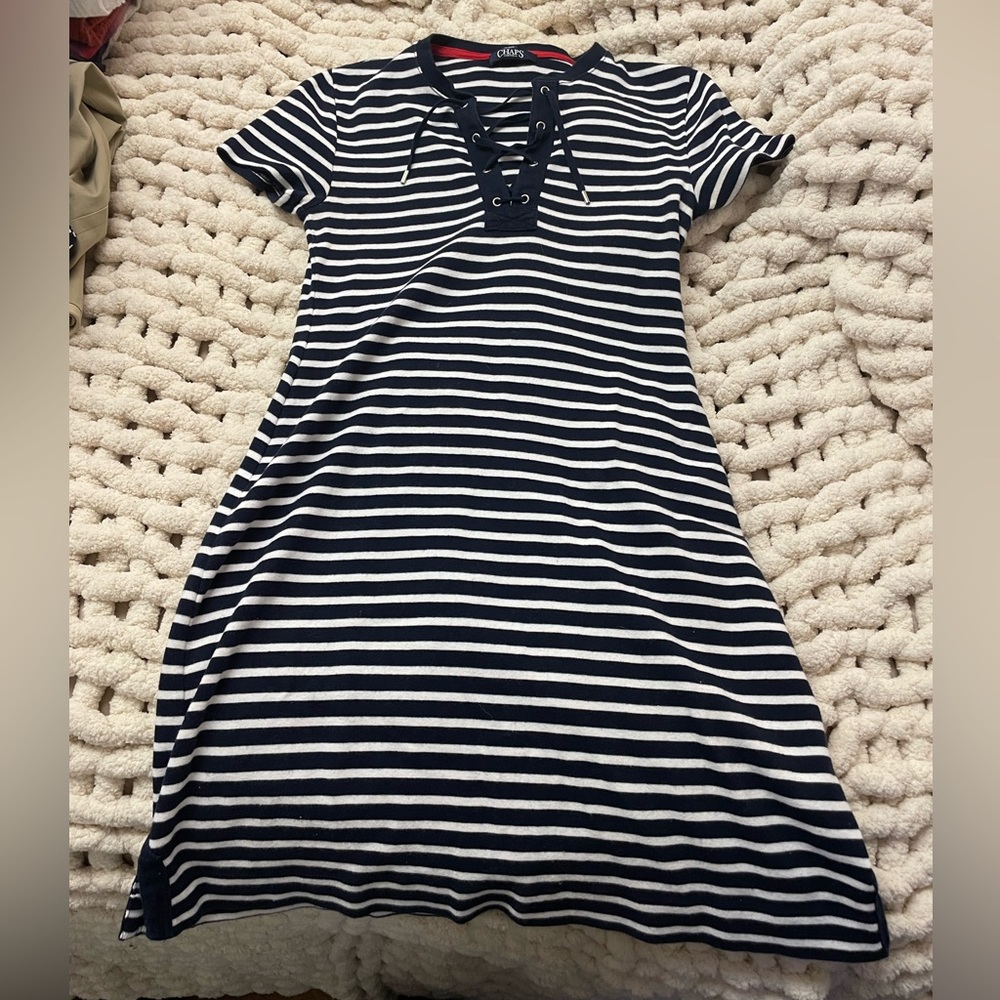 Chaps navy and white striped bodycon dress size petite medium